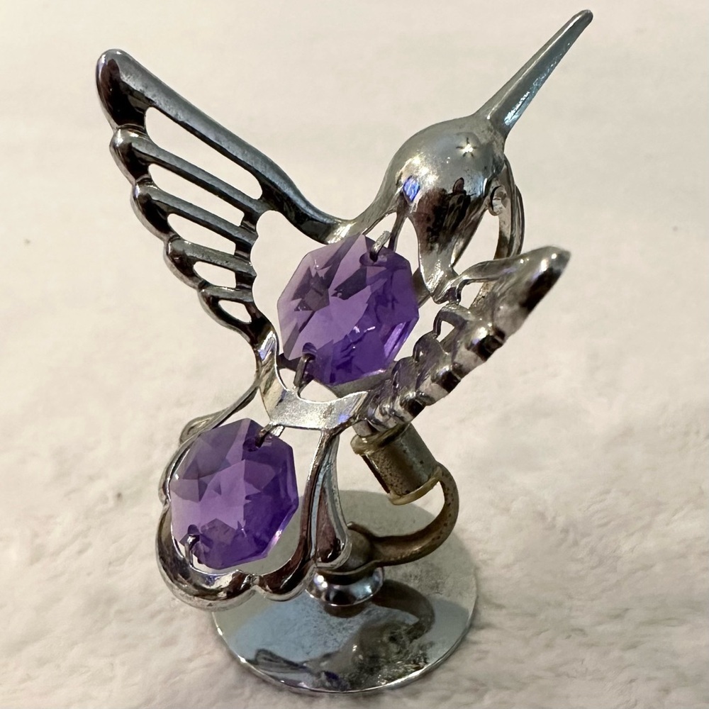 Purple Austrian Crystal Mascot USA Chrome Plated Mini Hummingbird &stand 2.25”